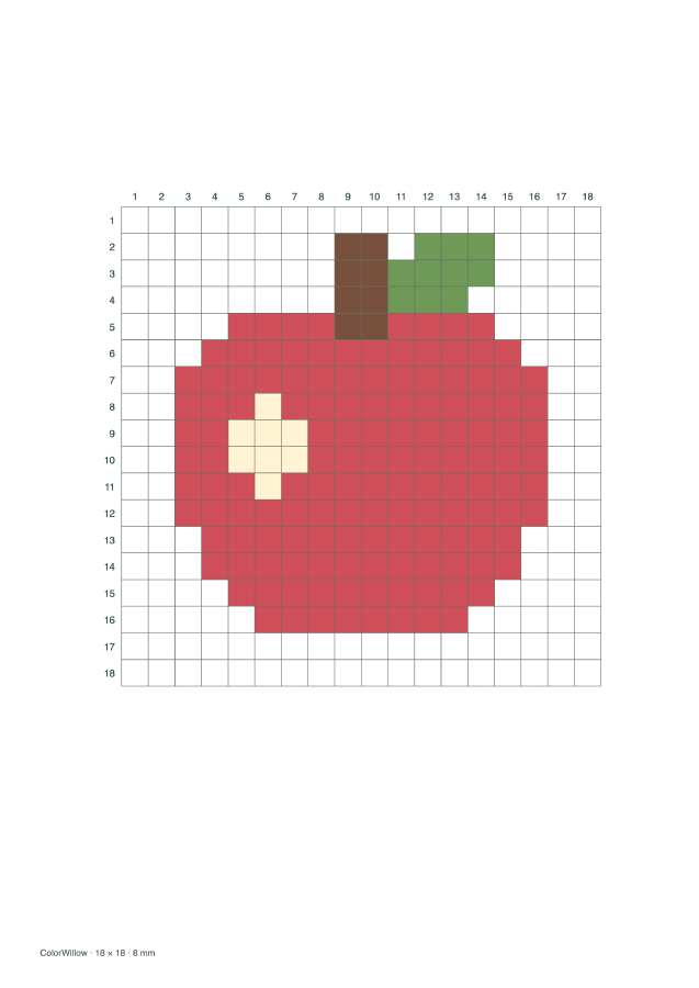 A4 export of a red pixel apple on an 18 by 18 numbered grid.
