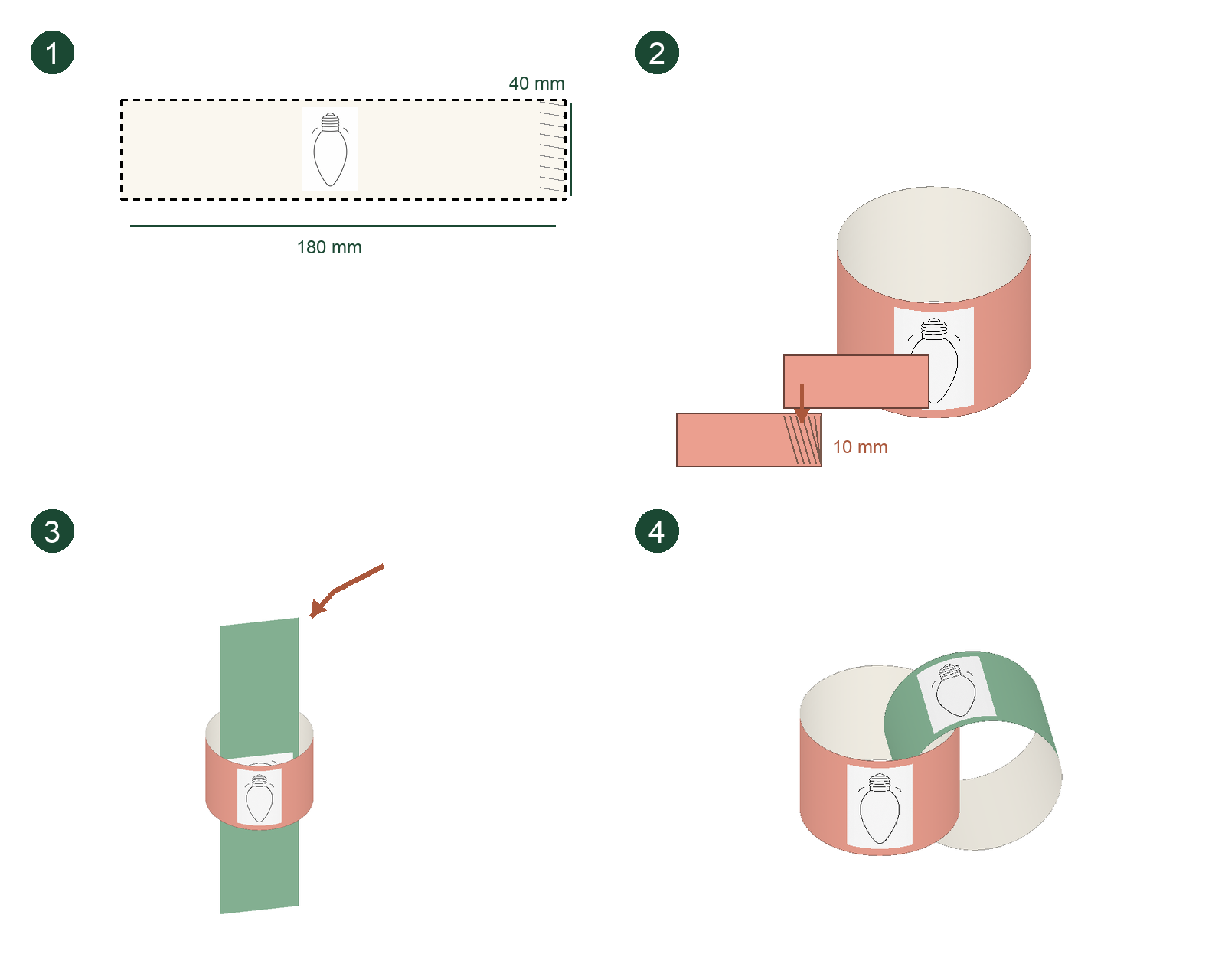 Four assembly panels show a dashed 18 by 4 cm strip, a 1 cm glued overlap, a second strip passing through a loop and two linked loops.