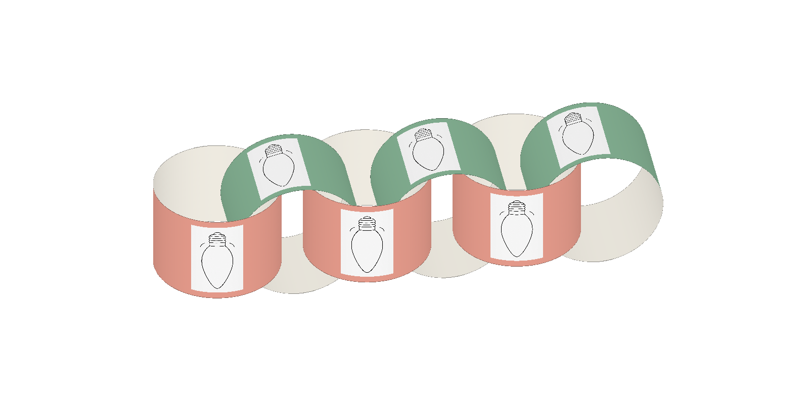 Six interlinked paper loops alternate coral and green, with the complete bulb picture on each loop.