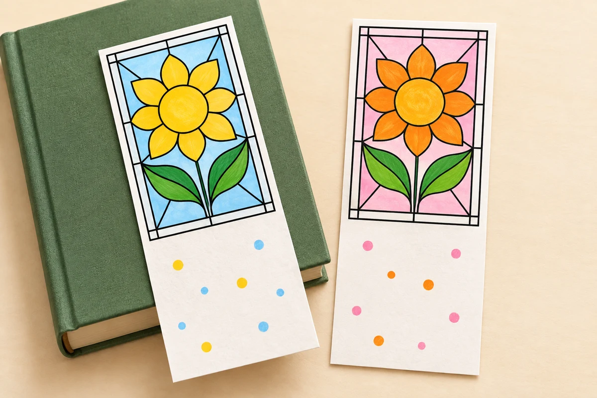 Two flat paper bookmarks with colored sunflower window pictures and blank space below.