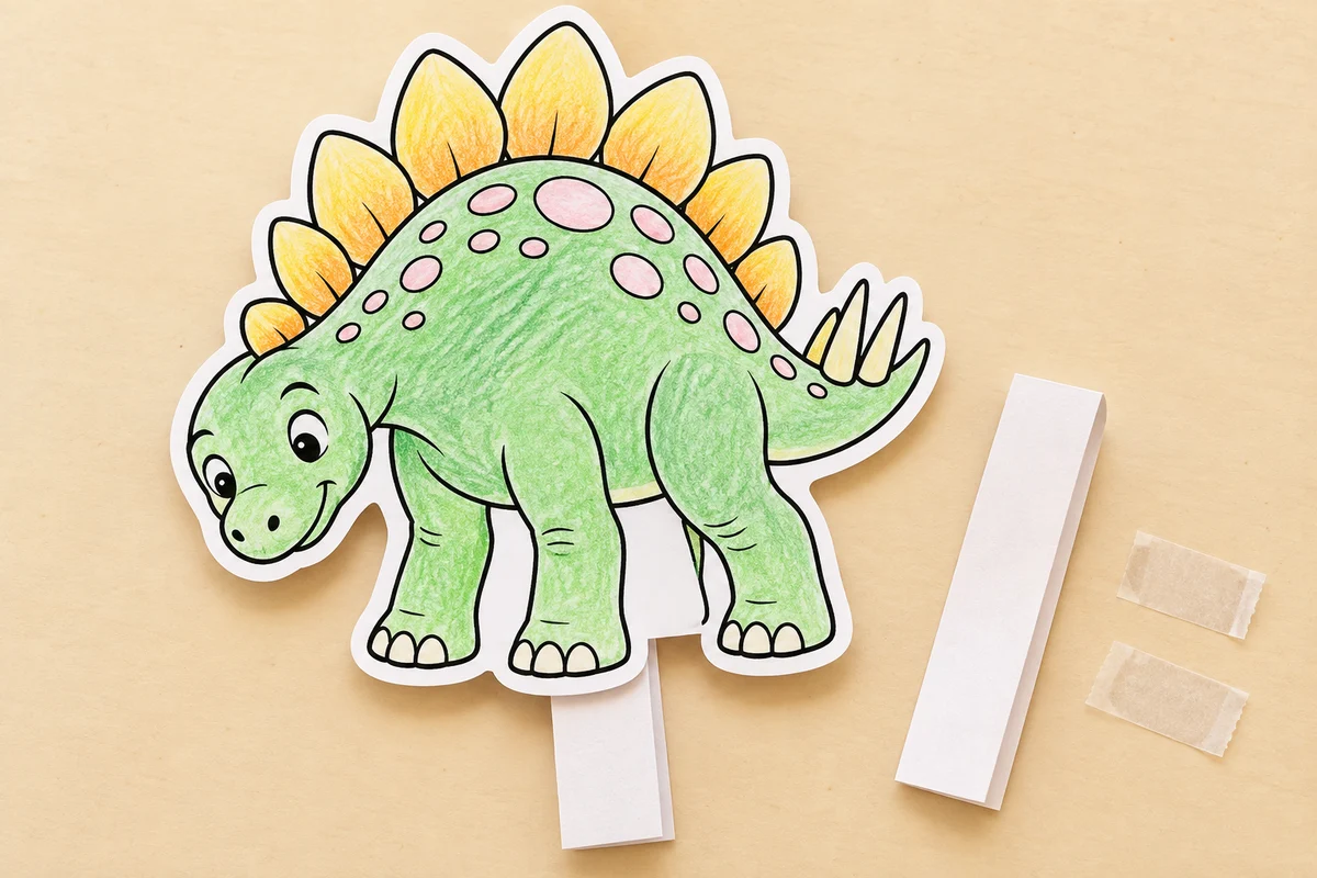 A green stegosaurus paper puppet with a white border and a folded paper handle.