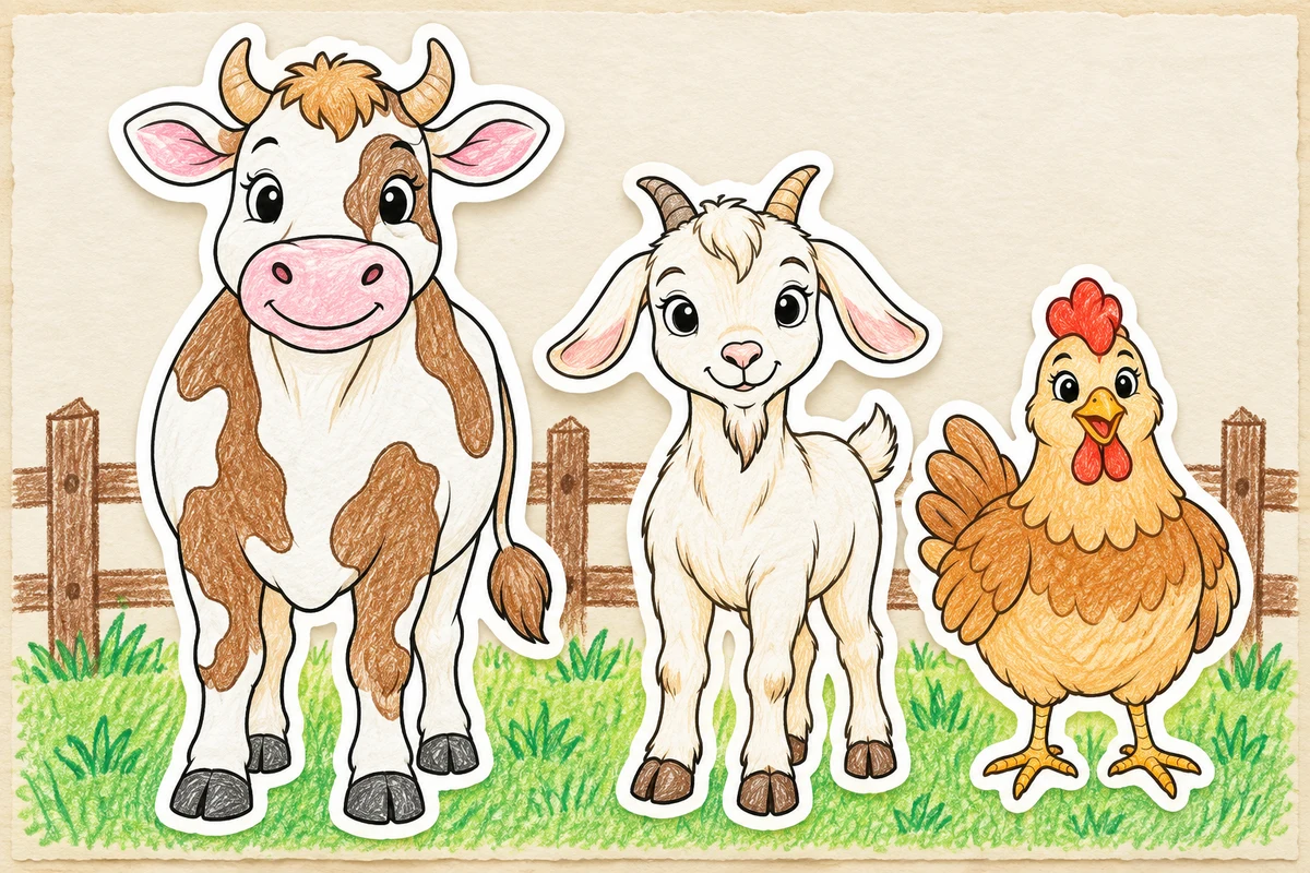 Colored cow, goat and hen paper cutouts with white borders on a shared farm background.