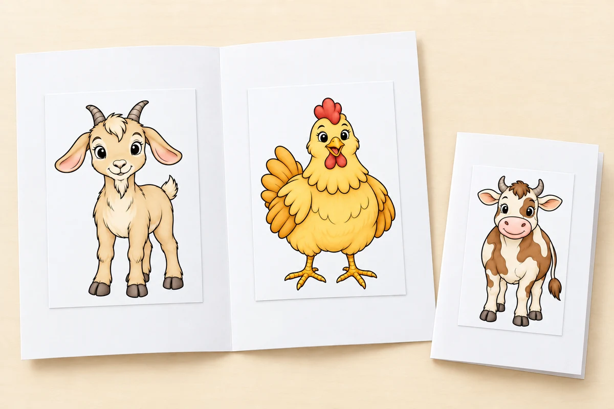 Libretto piegato con la capra nella pagina interna sinistra e la gallina a destra, accanto a una vista della copertina con la mucca.