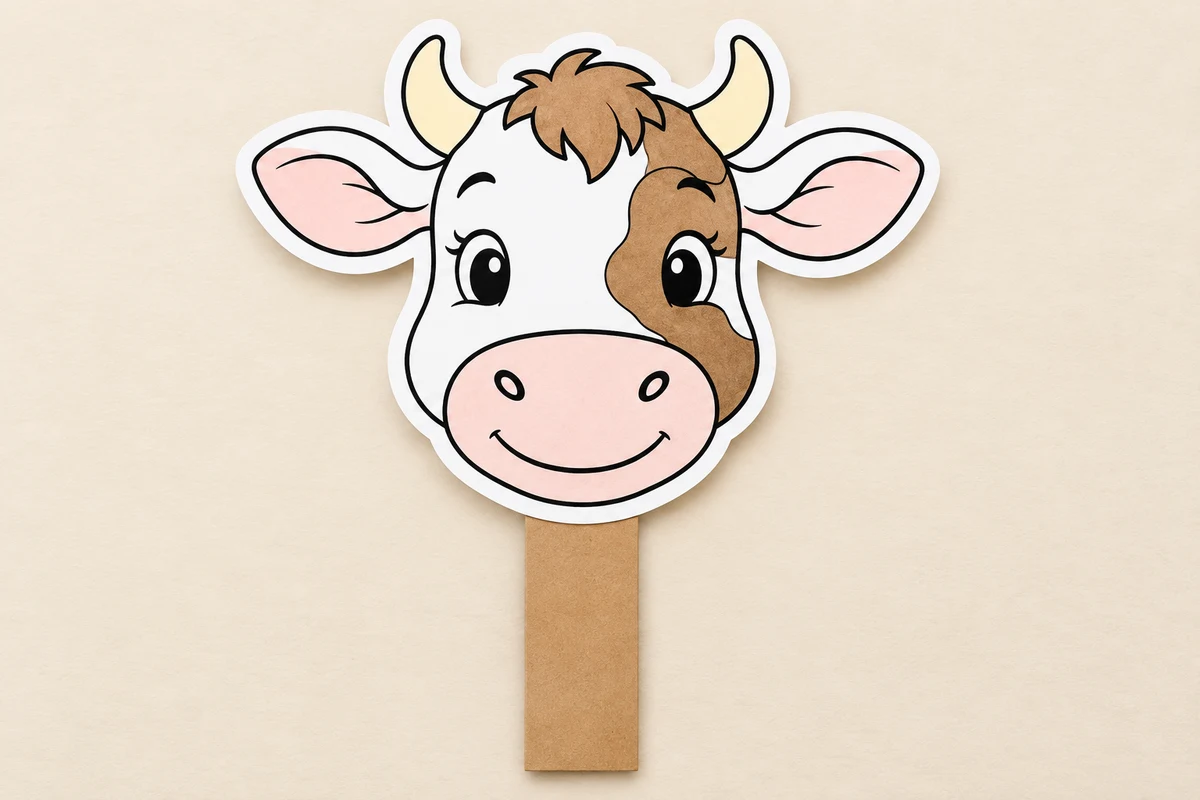 A smiling cow head cutout with a broad white border and a wide paper handle, resting on a table.