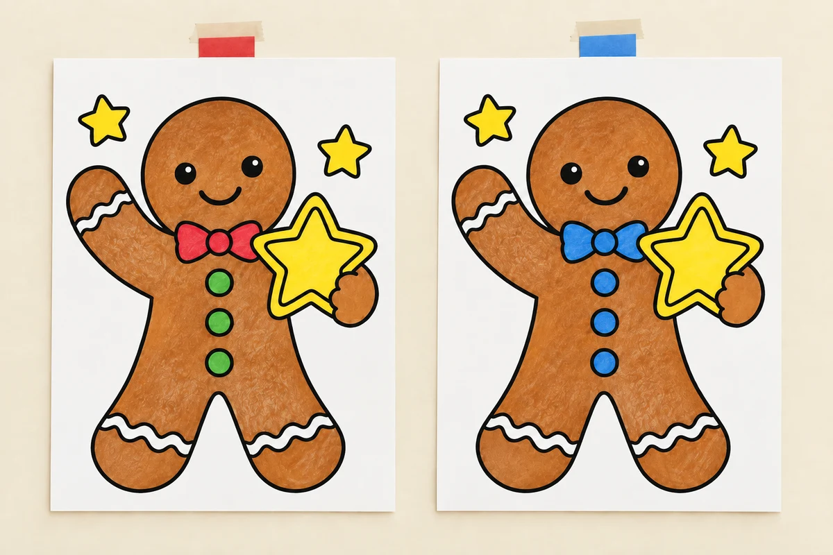 Two rectangular colored gingerbread pictures attached to a display board by short folded paper tabs.