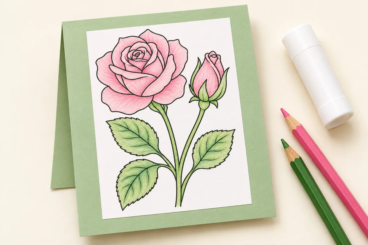 A pink rose coloring picture glued as a white rectangle to a folded green card.
