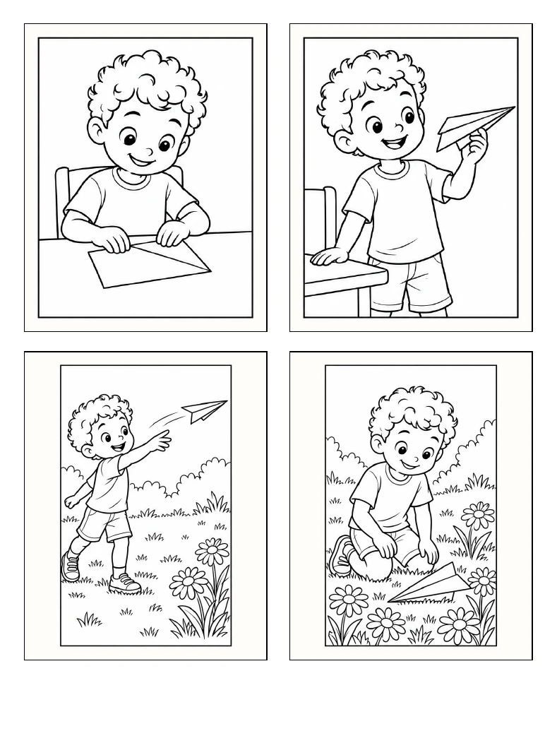 Four paper-airplane comic panels arranged as folding, showing, flying and finding the plane.