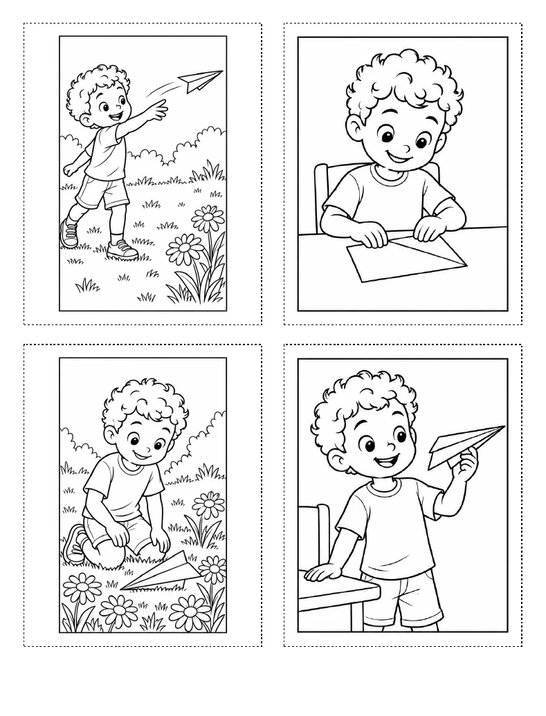 Four paper-airplane comic cards in mixed order, each inside a dashed cutting rectangle.