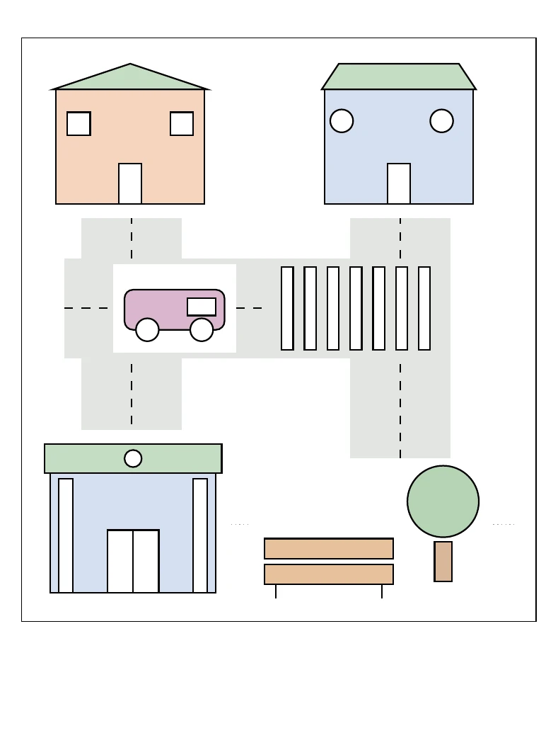Two different paper houses, a public building and a park connected by roads and a crosswalk.