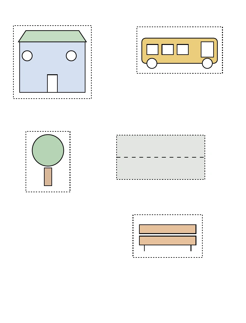 House, bus, tree, road and bench pieces shown separately before arranging.