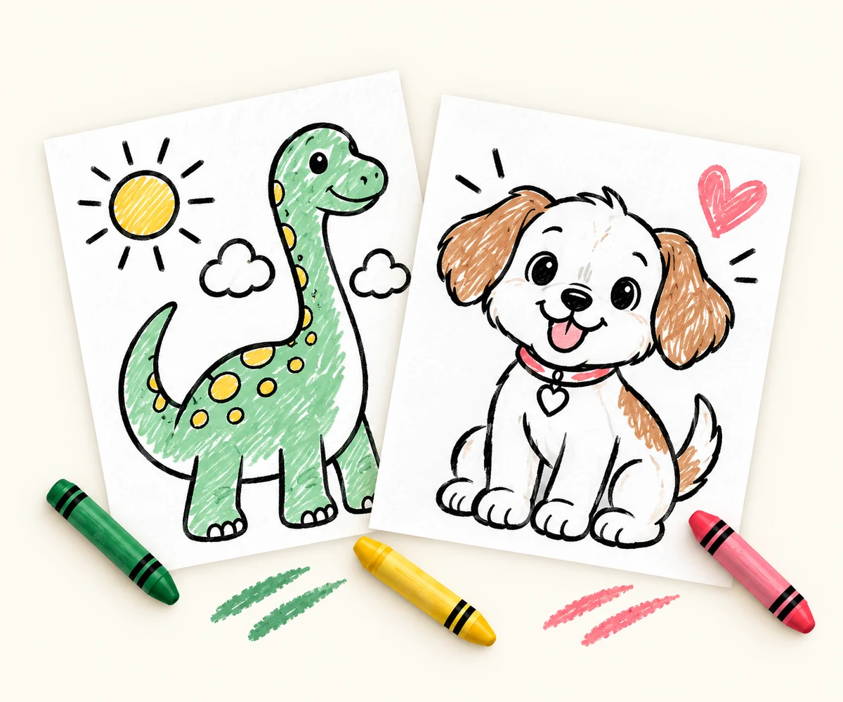A friendly dinosaur and a playful puppy on coloring sheets, with pink, green and yellow crayons