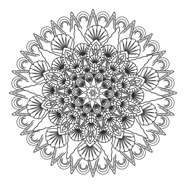 Mandala de ColorWillow con contornos oscuros y capas de pétalos y hojas, listo para colorear.