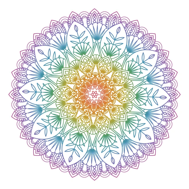 Un mandala creato con ColorWillow, con strati di petali e foglie nei colori dell’arcobaleno.
