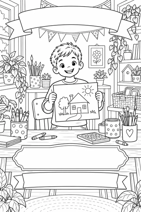 A boy proudly shares his drawing