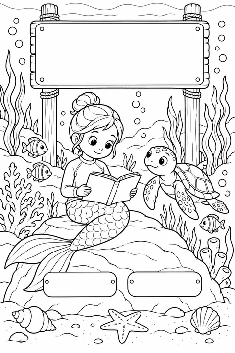Reading with a mermaid and turtle