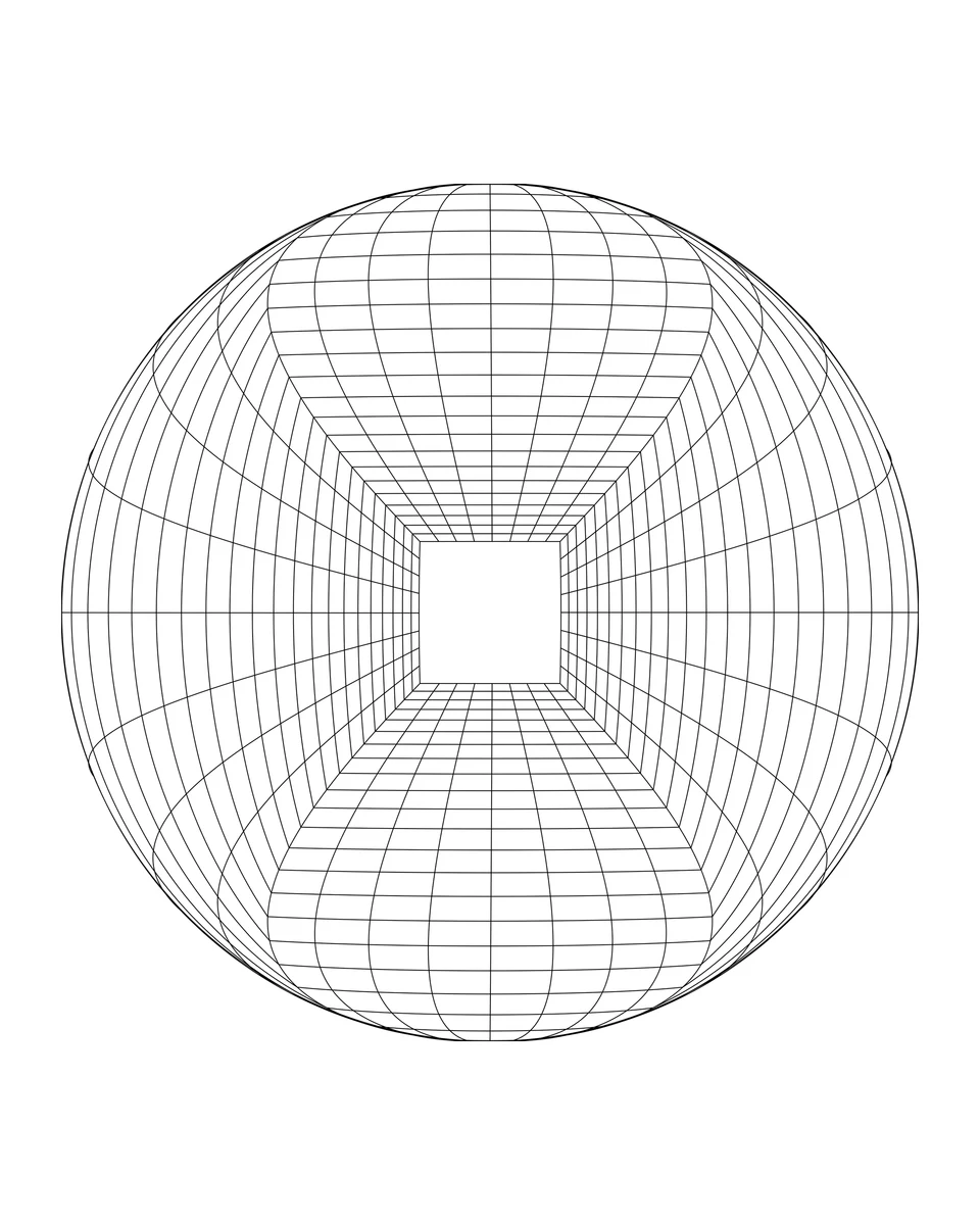 A circular grid bends toward a square opening, forming a geometric pattern.