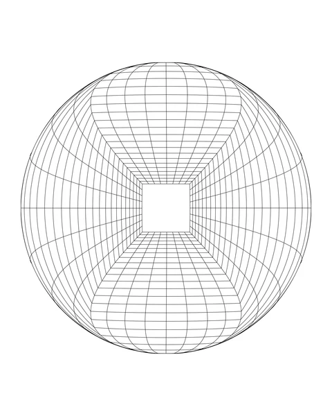 A circular grid bends toward a square opening, forming a geometric pattern.