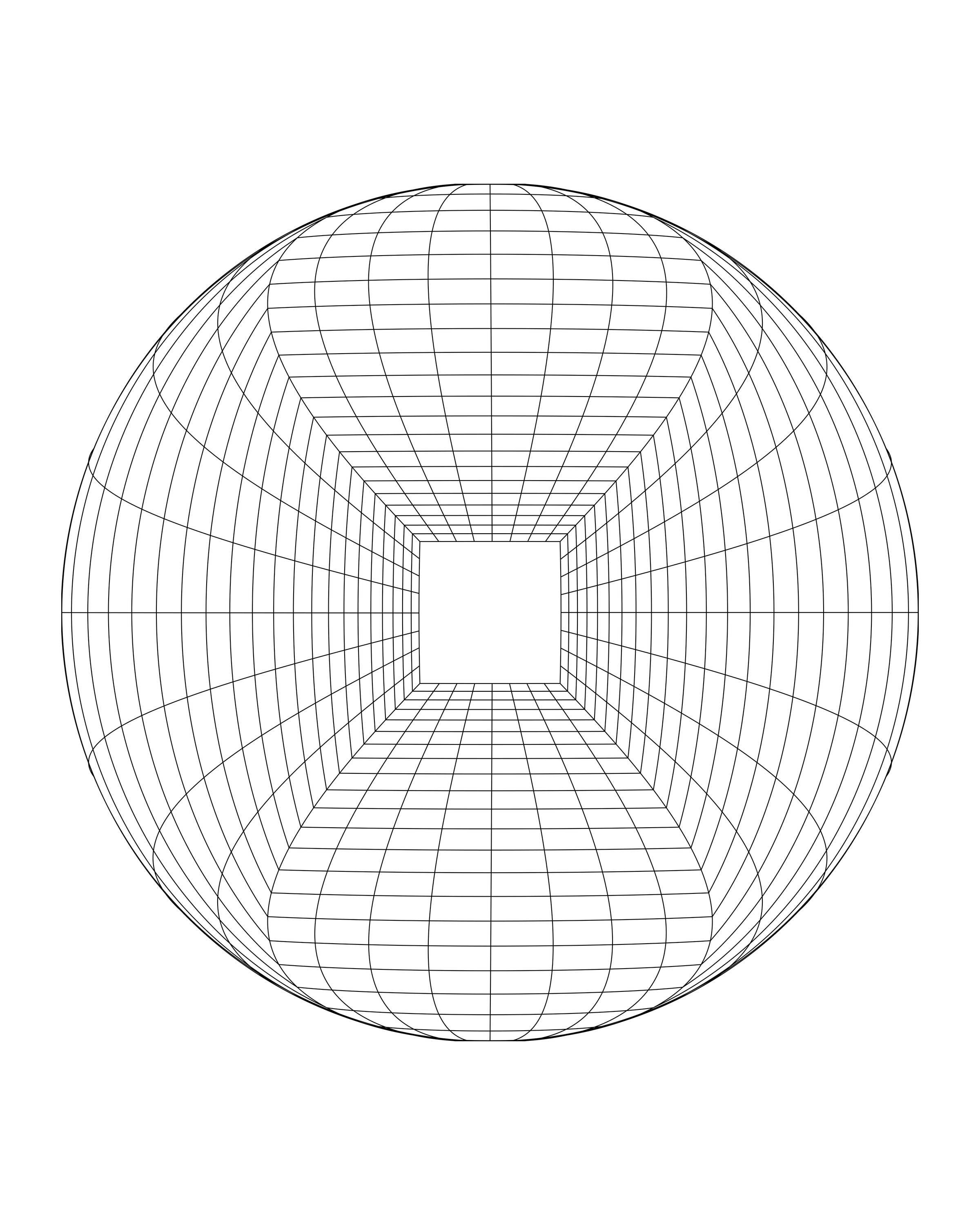 A circular grid bends toward a square opening, forming a geometric pattern.