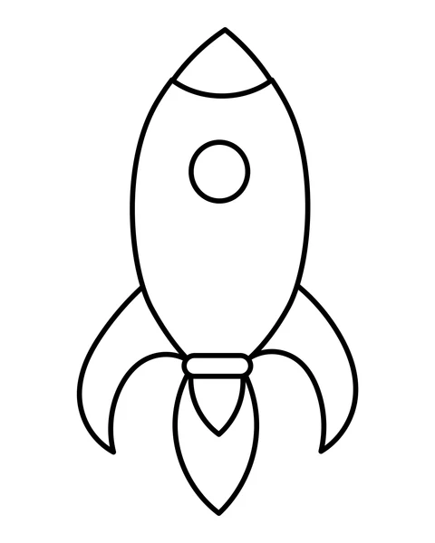 A simple rocket with a round window, two side fins and flames below.