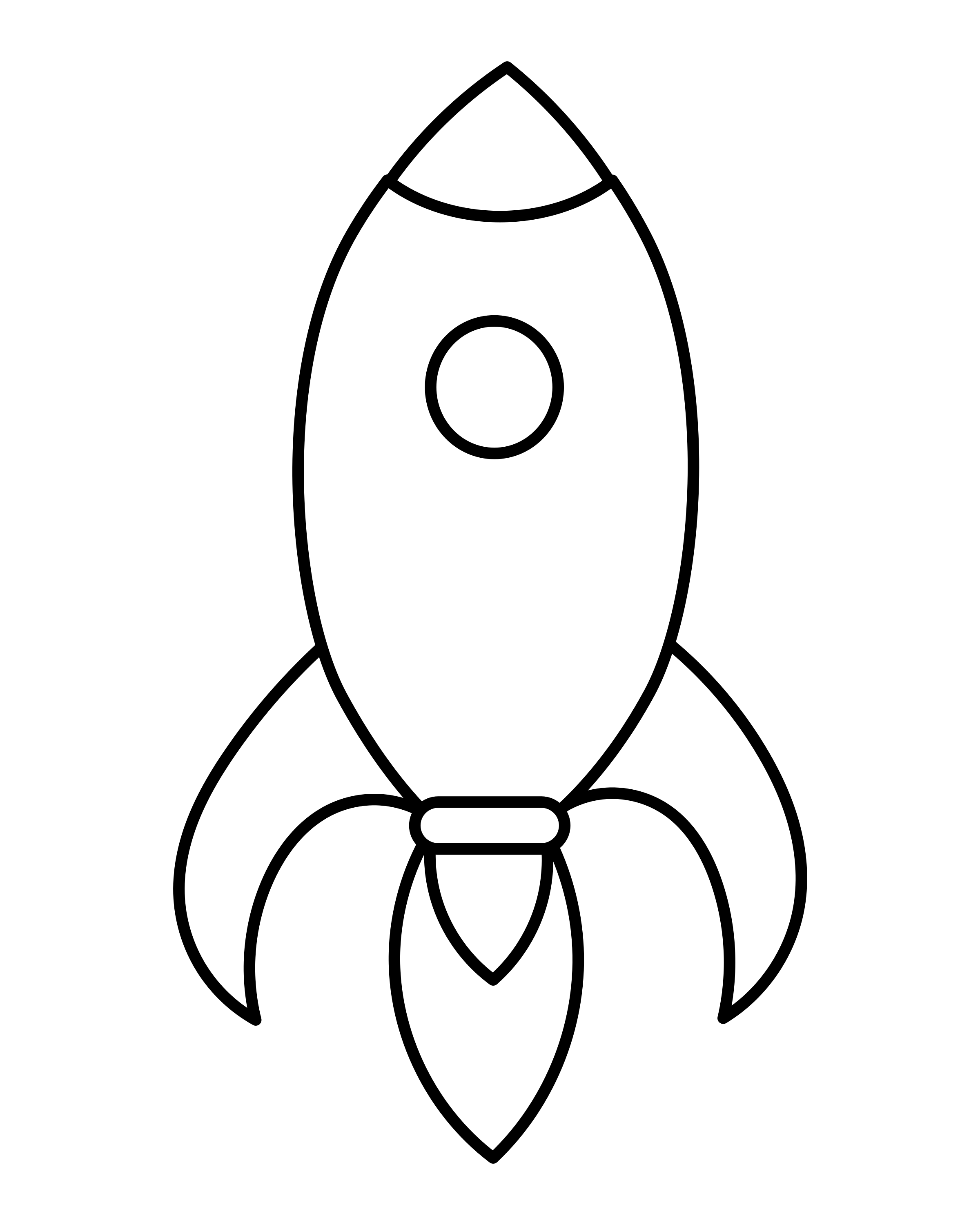 A simple rocket with a round window, two side fins and flames below.