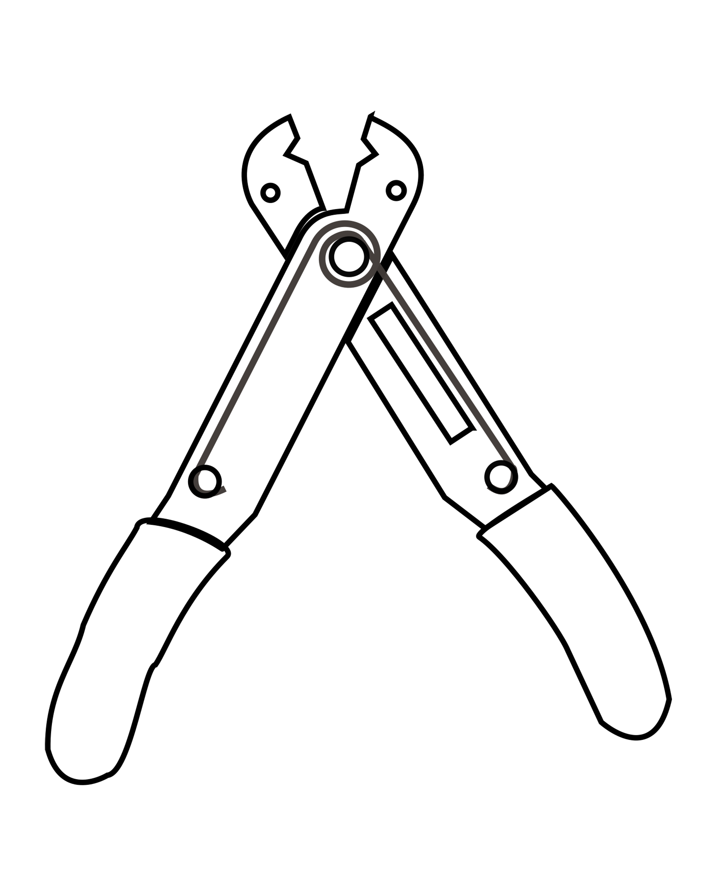 An open pair of pliers with two long handles and a round pivot.