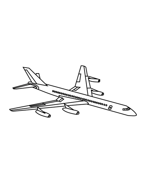 A passenger airplane with four engines, long wings and a row of small windows.