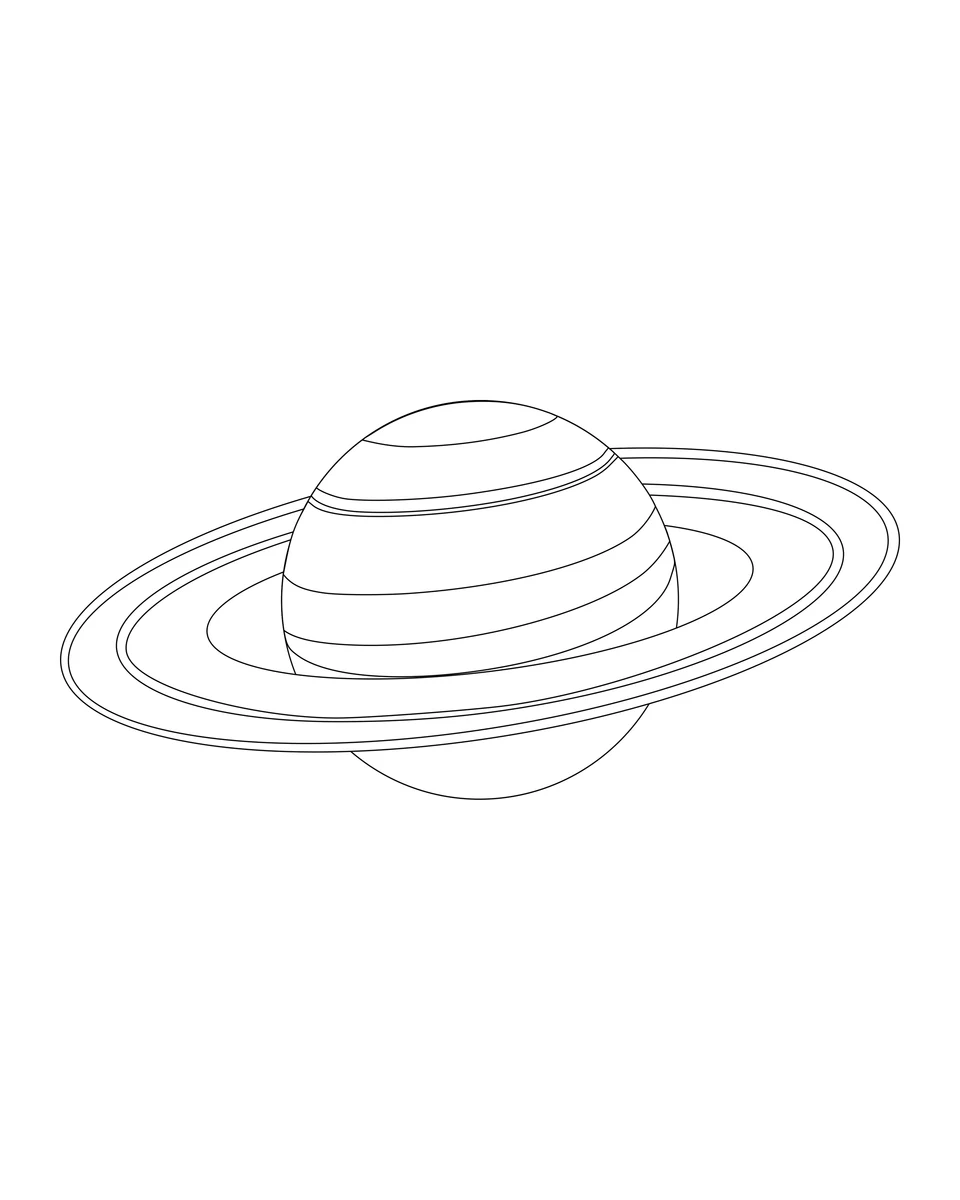 Saturn mit gebogenen Bändern auf dem Planeten und breiten Ringen darum.