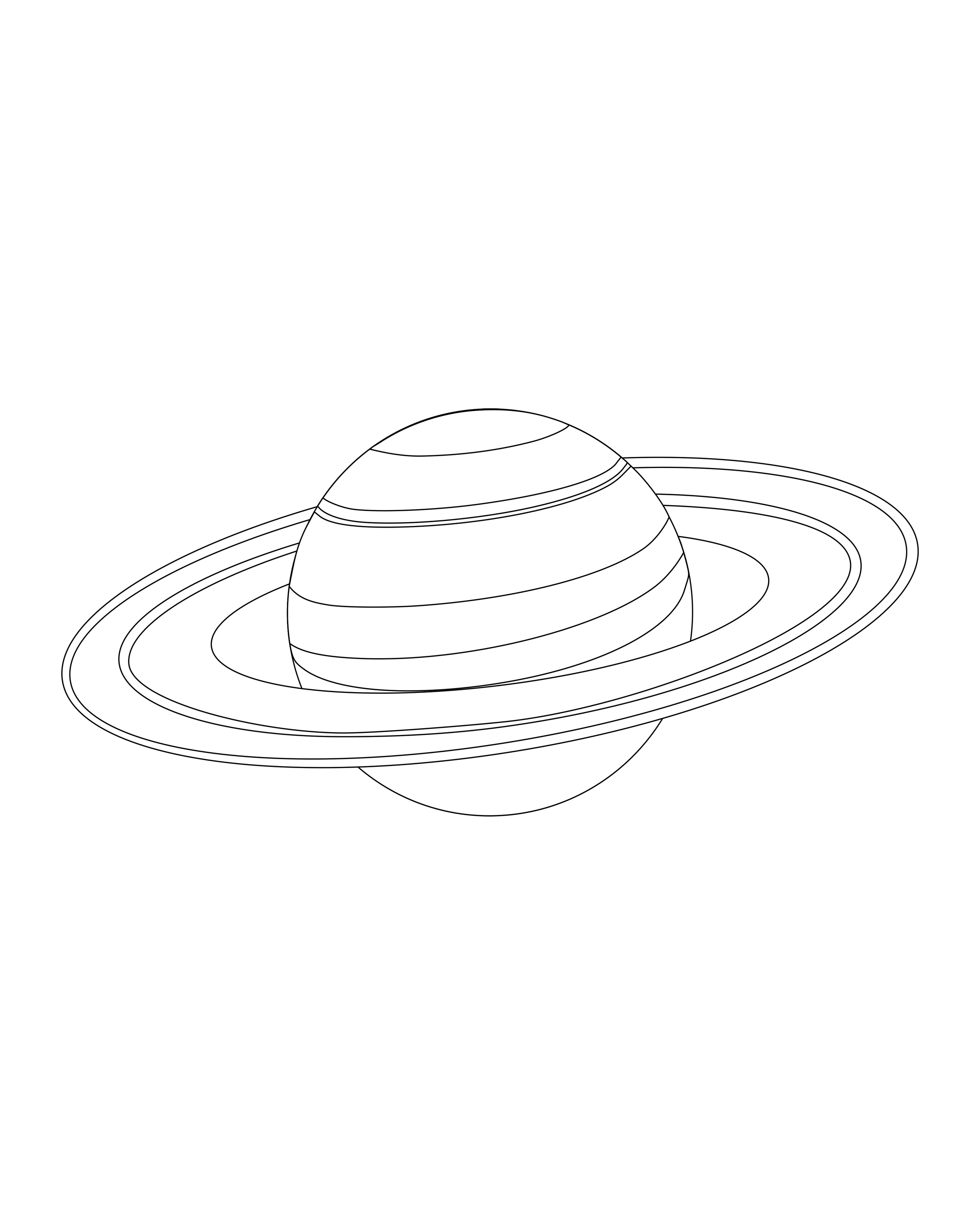 Saturn mit gebogenen Bändern auf dem Planeten und breiten Ringen darum.