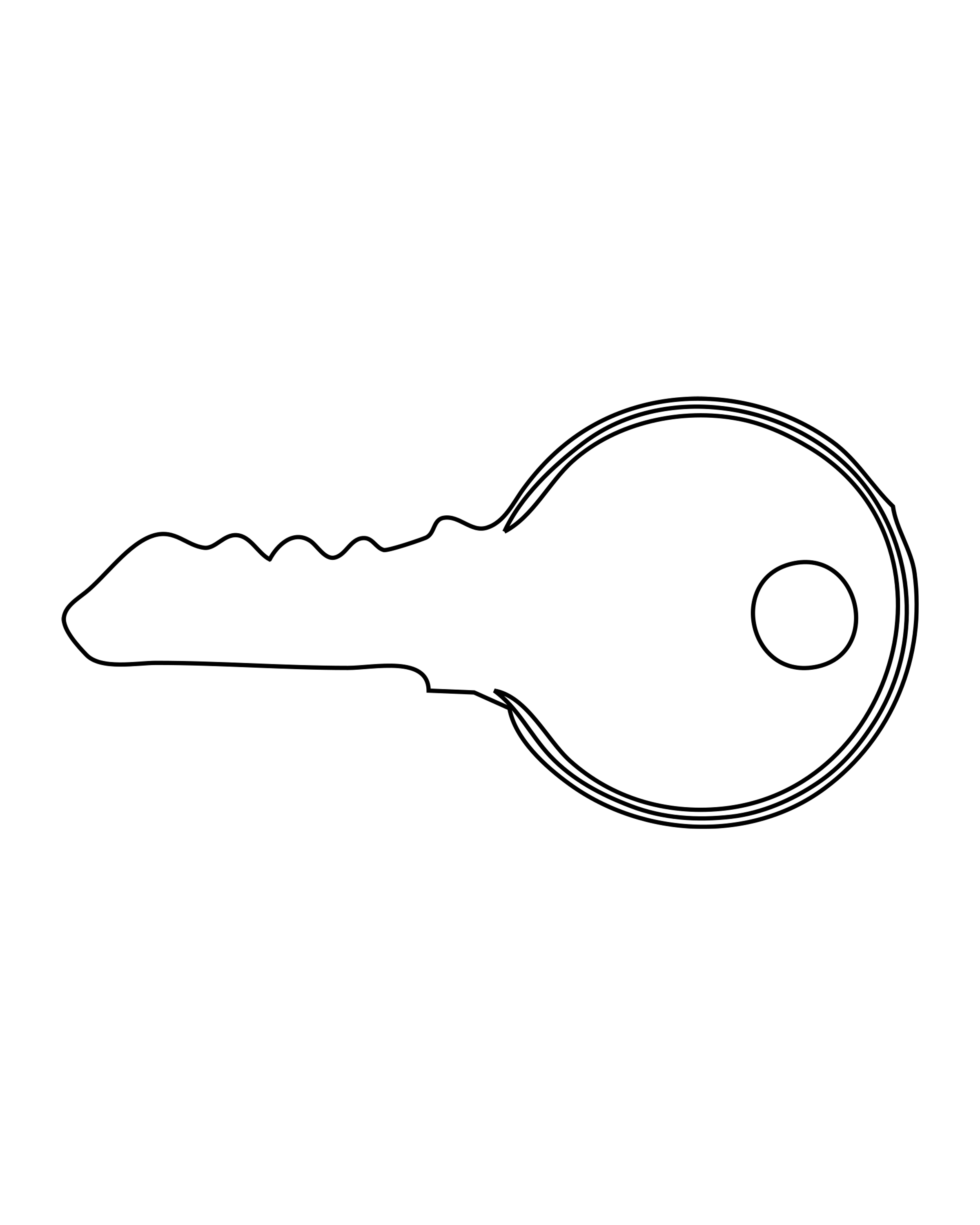 A key with a round head, a small hole and a row of teeth.