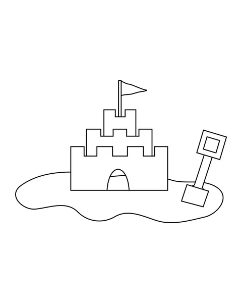 A sandcastle with a small flag and an arched doorway, beside a spade.