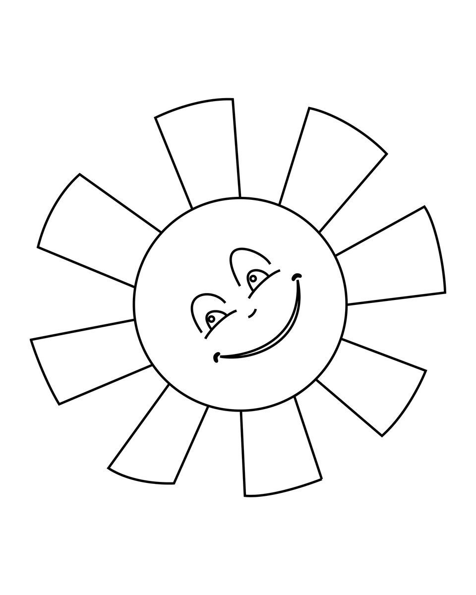 A cheerful sun with a smiling face and wide rays around its round center.