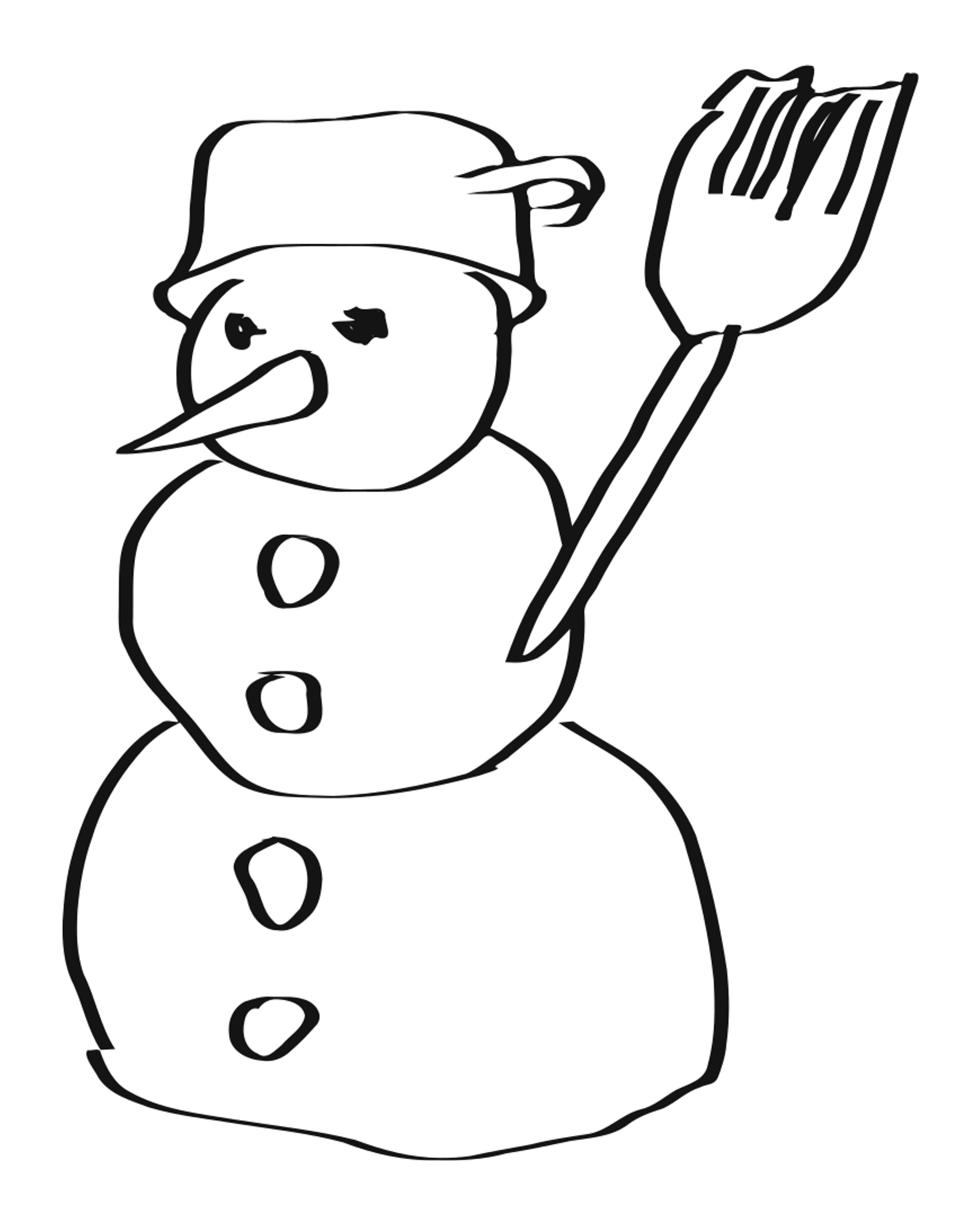 A snowman wearing a bucket hat, with a pointed nose, round buttons and a broom.