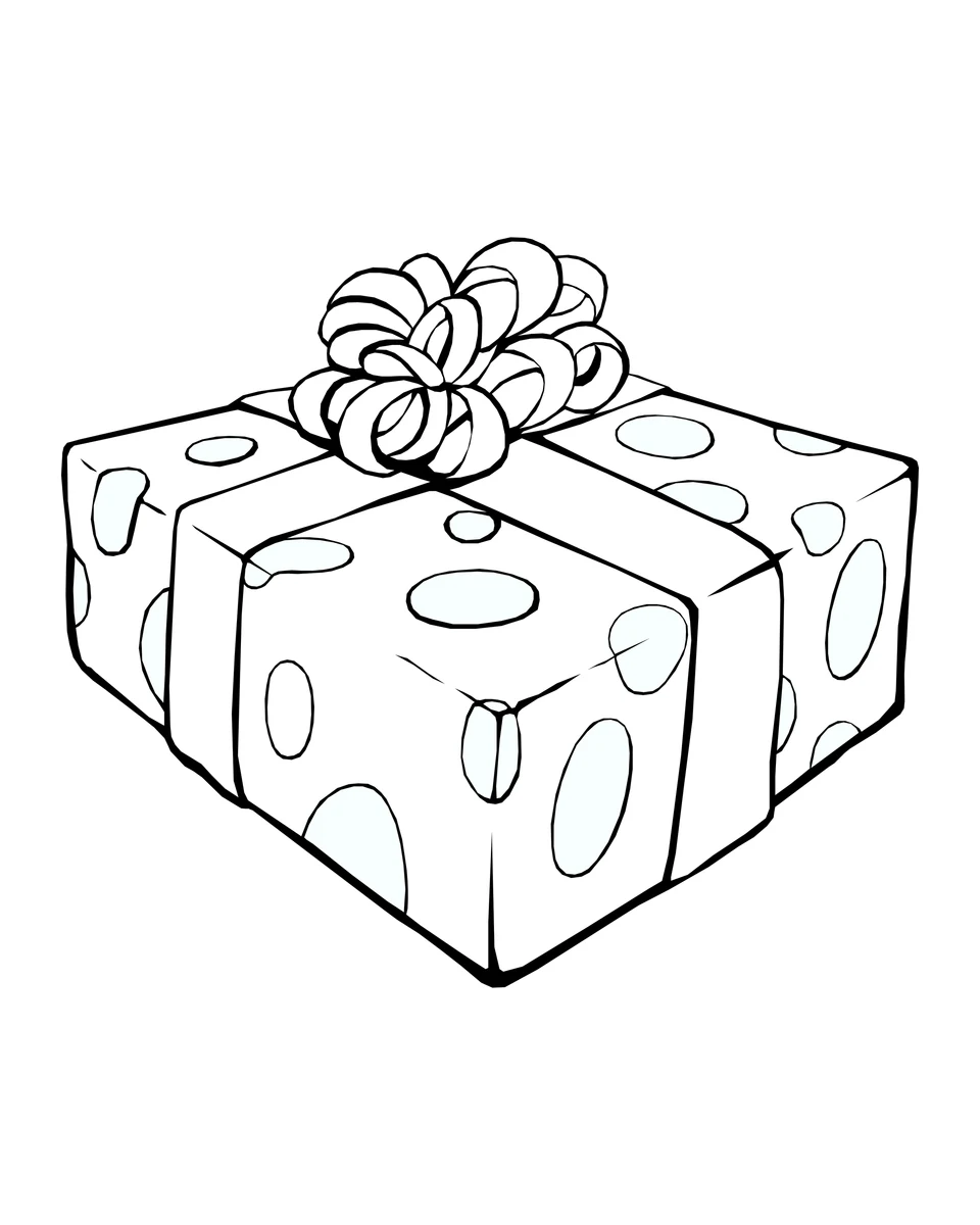 Eine Geschenkbox mit großen Punkten, Bändern und einer geschwungenen Schleife.