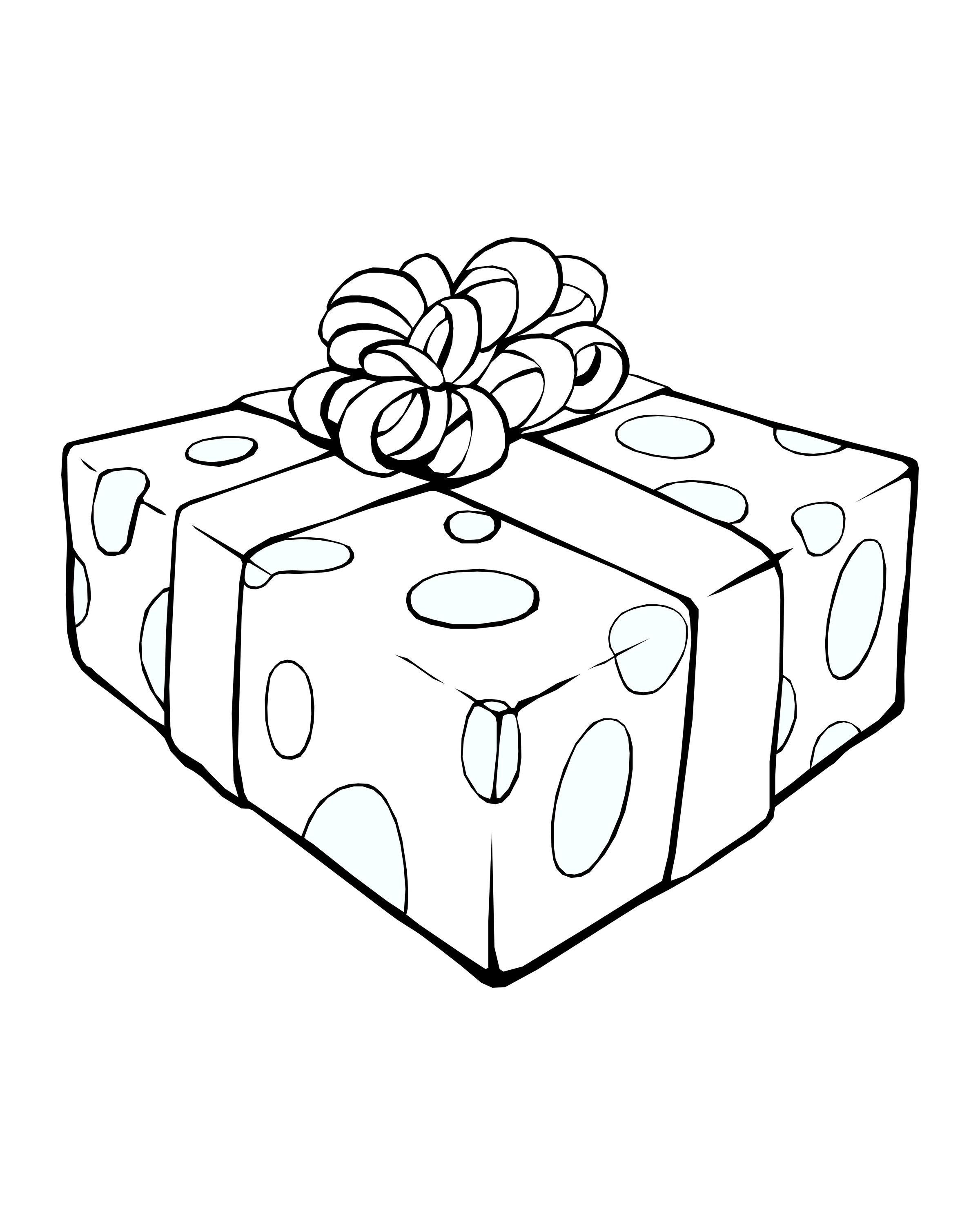 A gift box decorated with large spots, ribbons and a curled bow.