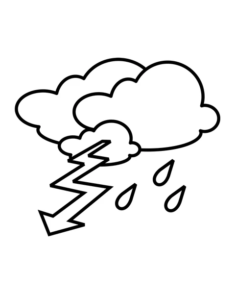 Overlapping clouds with a zigzag lightning bolt and three raindrops.