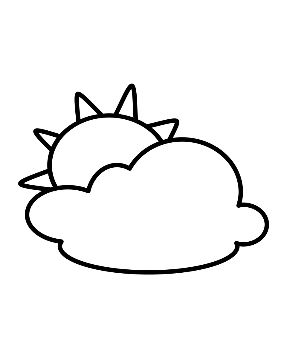 A sun with pointed rays peeks out from behind a large rounded cloud.