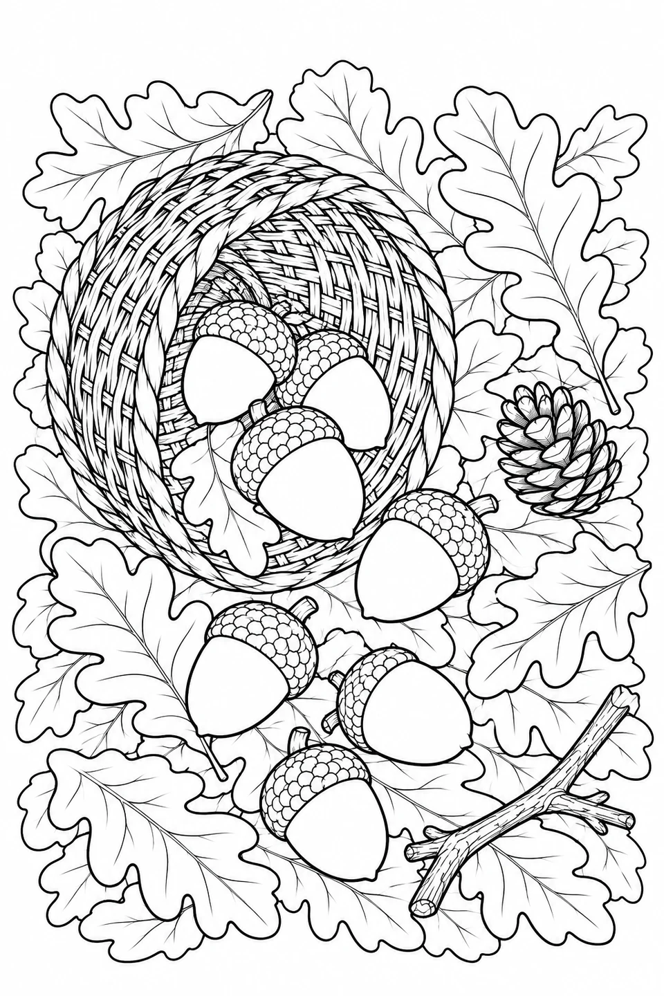 A tipped woven basket and scattered acorns on oak leaves, with a pinecone and a forked twig.