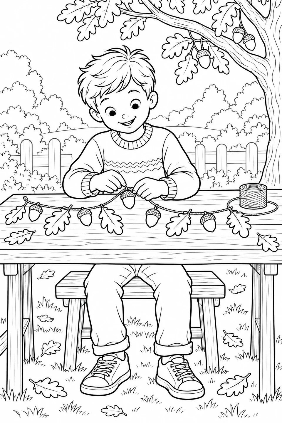 A boy arranges acorns and oak leaves on a string at an outdoor table, with a spool of twine beside him.