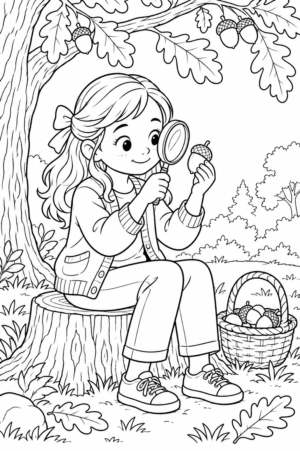 A girl sits on a stump and studies an acorn with a magnifying glass, beside a collecting basket beneath oak branches.