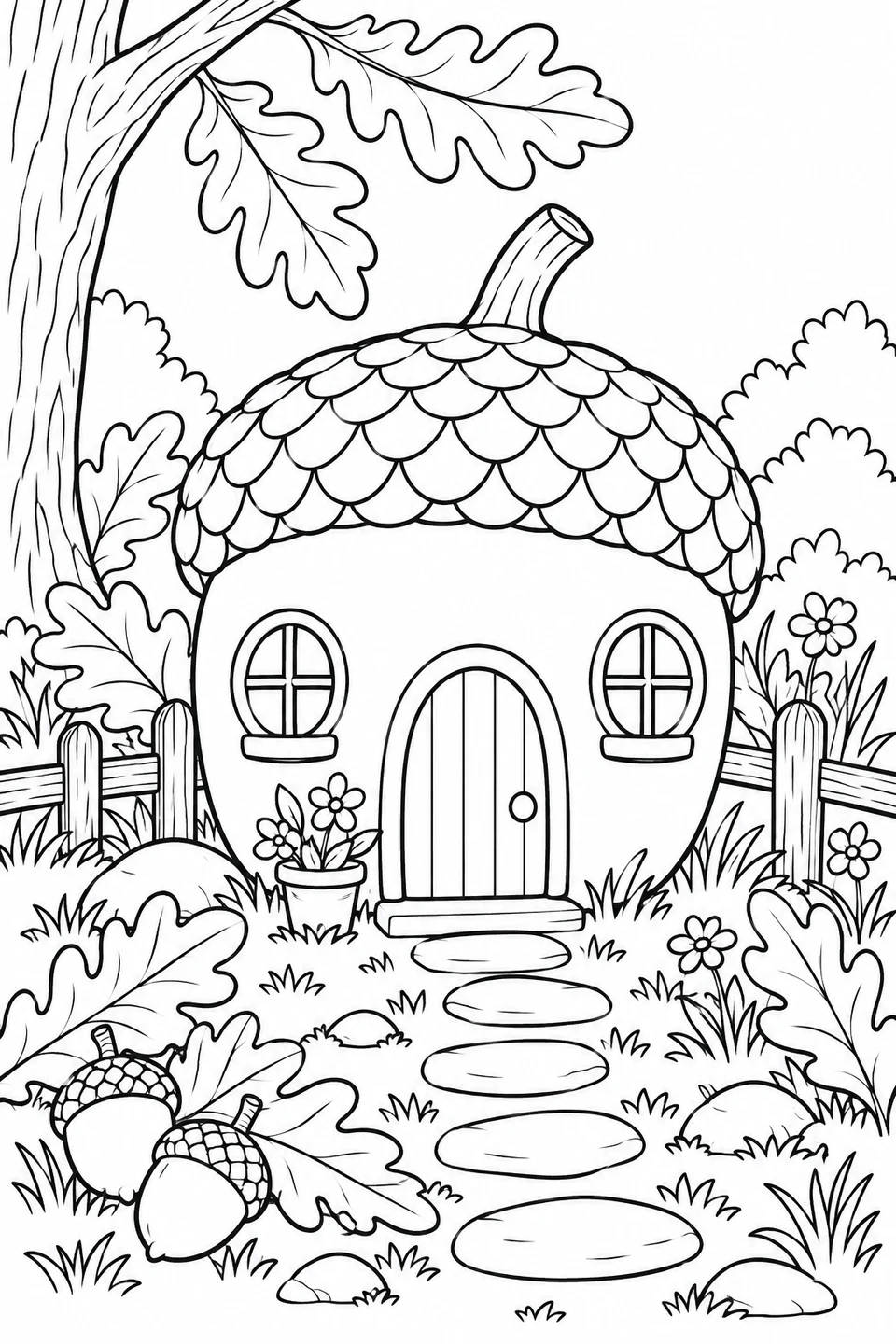 A storybook acorn house has a textured cap roof, round windows and a stone path among oak leaves and flowers.