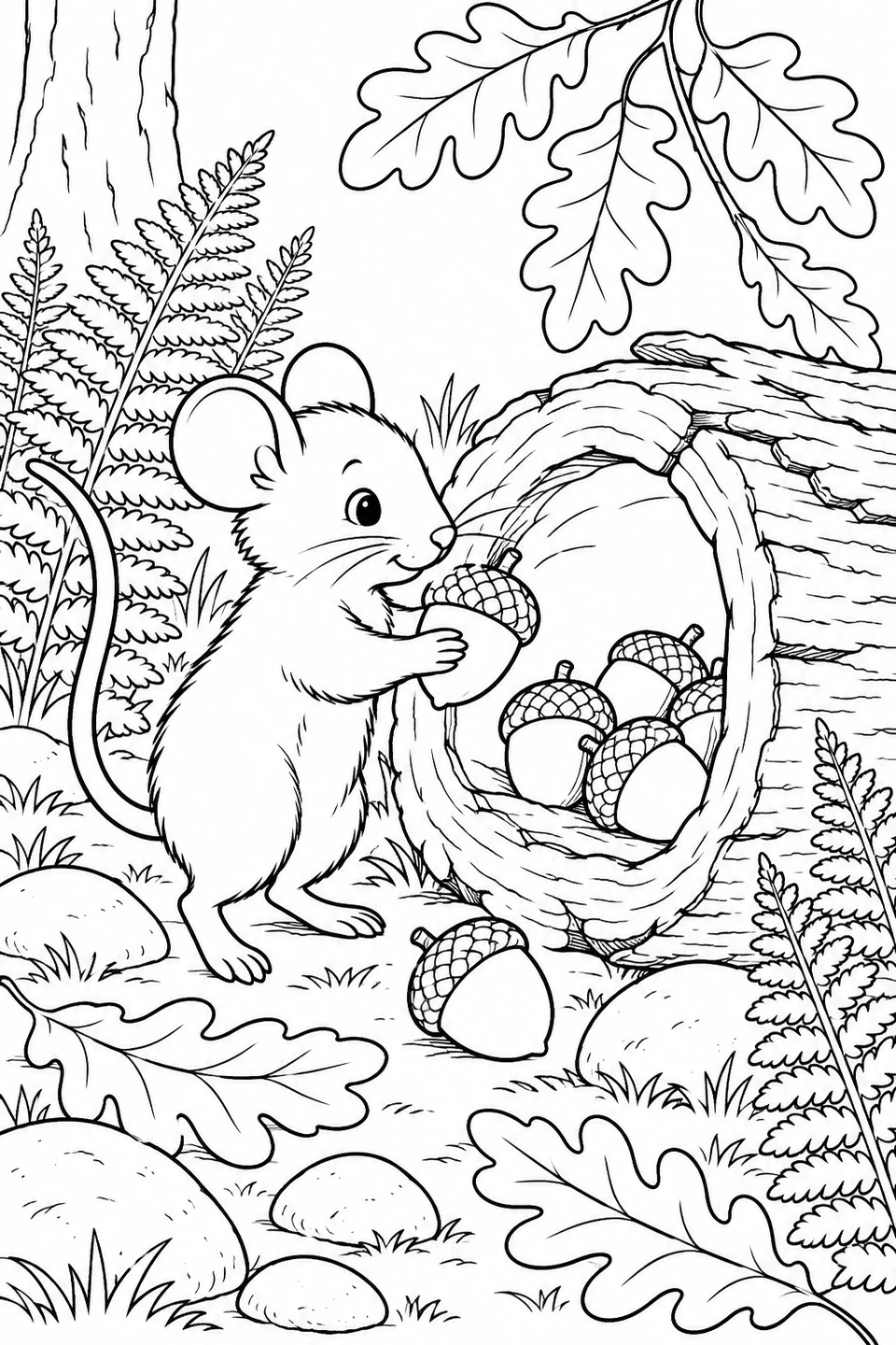 A little mouse carries an acorn to a hollow log, surrounded by ferns, oak leaves and smooth woodland stones.