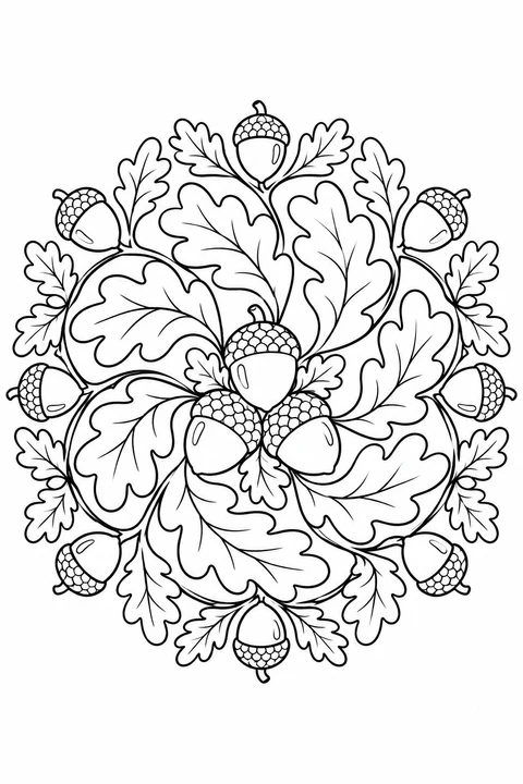 Three acorns sit at the center of a swirling circle of lobed oak leaves and more patterned acorns.