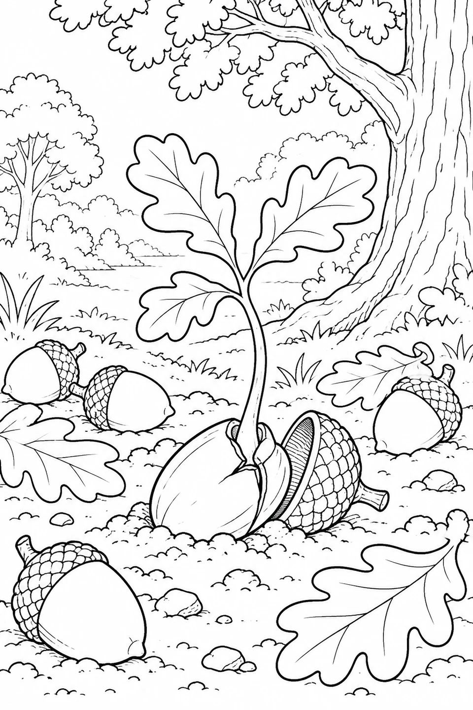 A small oak shoot rises from a split acorn beside its loose cap, with fallen acorns and lobed leaves on the woodland floor.