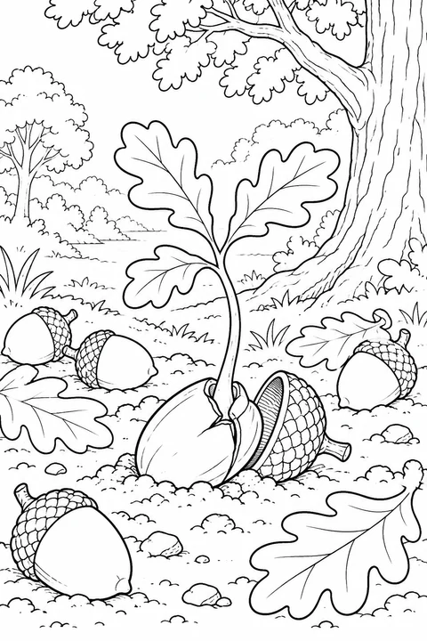 A small oak shoot rises from a split acorn beside its loose cap, with fallen acorns and lobed leaves on the woodland floor.