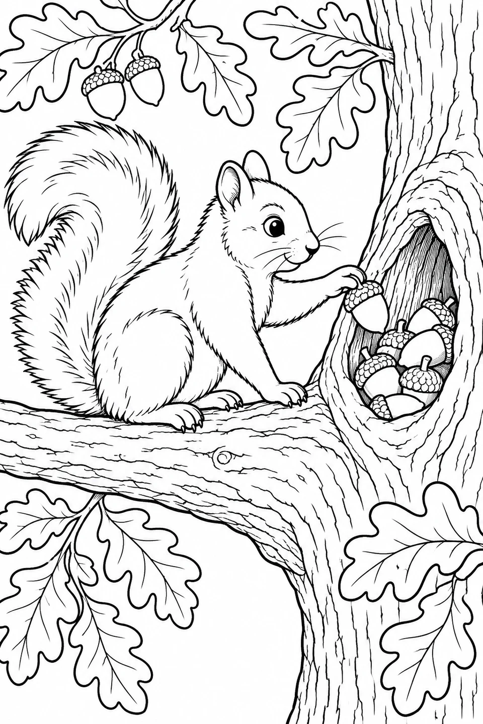 A squirrel sits on a broad oak branch and places an acorn in a tree hollow, with a curled tail and large oak leaves around it.