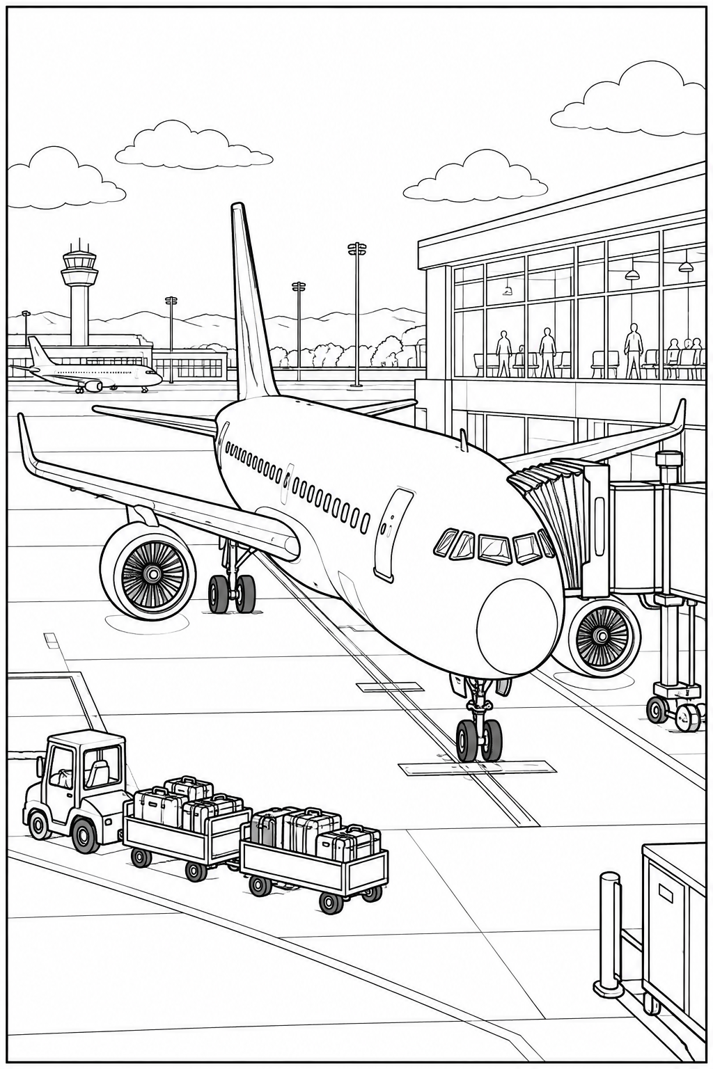 Ein Passagierflugzeug steht an einer Fluggastbrücke, daneben sind ein Gepäckwagen und Flughafengebäude zu sehen.