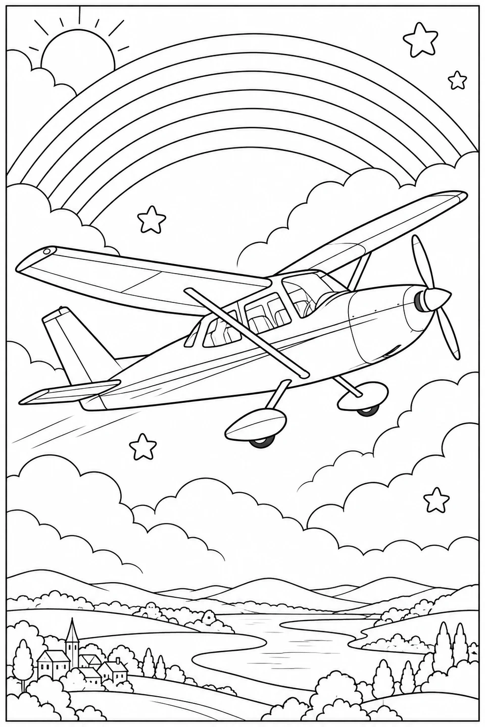 Ein kleines Propellerflugzeug steigt zwischen Wolken unter einem Regenbogen auf, darunter liegen ein Fluss und ein Dorf.