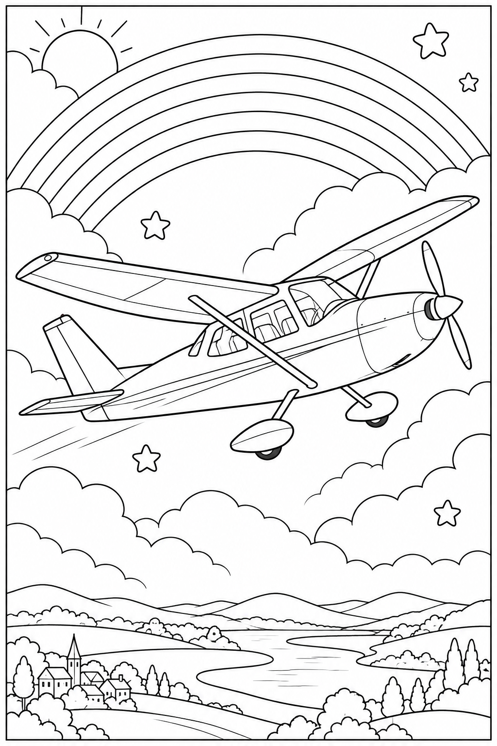 Ein kleines Propellerflugzeug steigt zwischen Wolken unter einem Regenbogen auf, darunter liegen ein Fluss und ein Dorf.