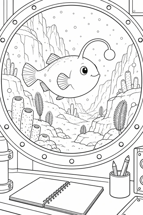 A round window frames an anglerfish and a rocky canyon, with a blank notebook and pencils inside.