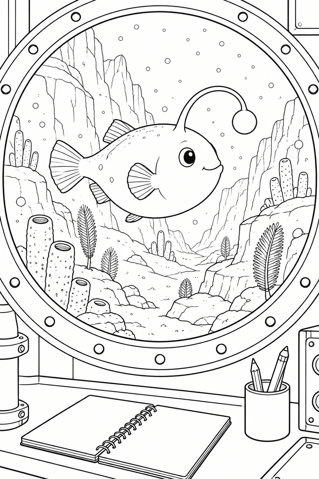 A round window frames an anglerfish and a rocky canyon, with a blank notebook and pencils inside.